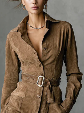 Stylish brown women's long sleeve midi shirt dress, elegant button-front design with a sophisticated tie collar.
