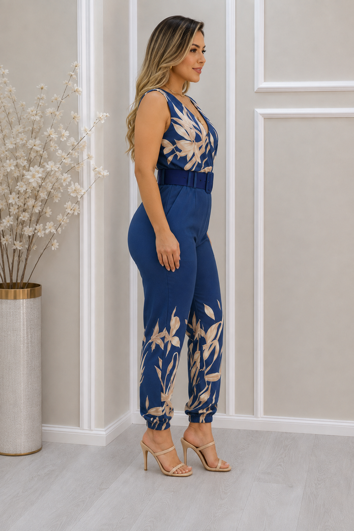 Sleeveless women's floral wrap wide-leg jumpsuit with a flattering belted waist for spring and summer.
