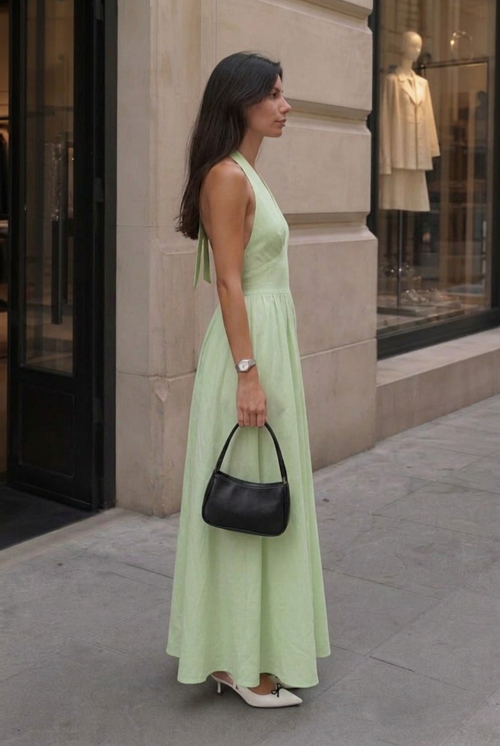 Flowy women's gathered v-neck halter maxi dress. Ideal flattering A-line style for vacation & parties.