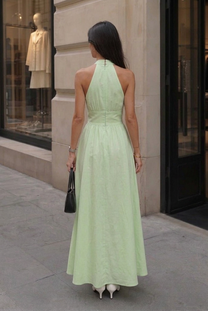 Stylish women's halter v-neck A-line maxi dress with gathered bust. Great for casual, summer & evening.