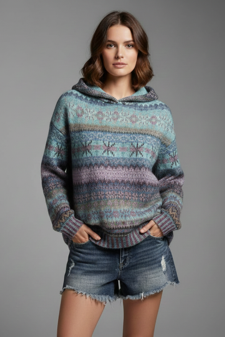 Trendy women's patterned hoodie, featuring a relaxed fit, cozy fabric, and practical ribbed cuffs.