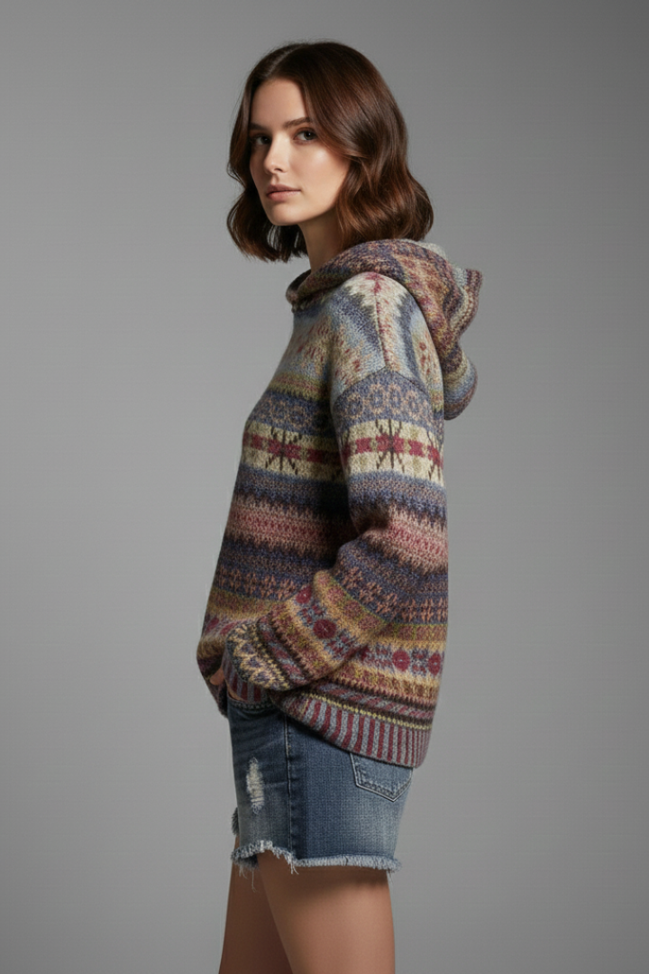 Close-up of a women's patterned hoodie fabric, showing the intricate design and soft texture.