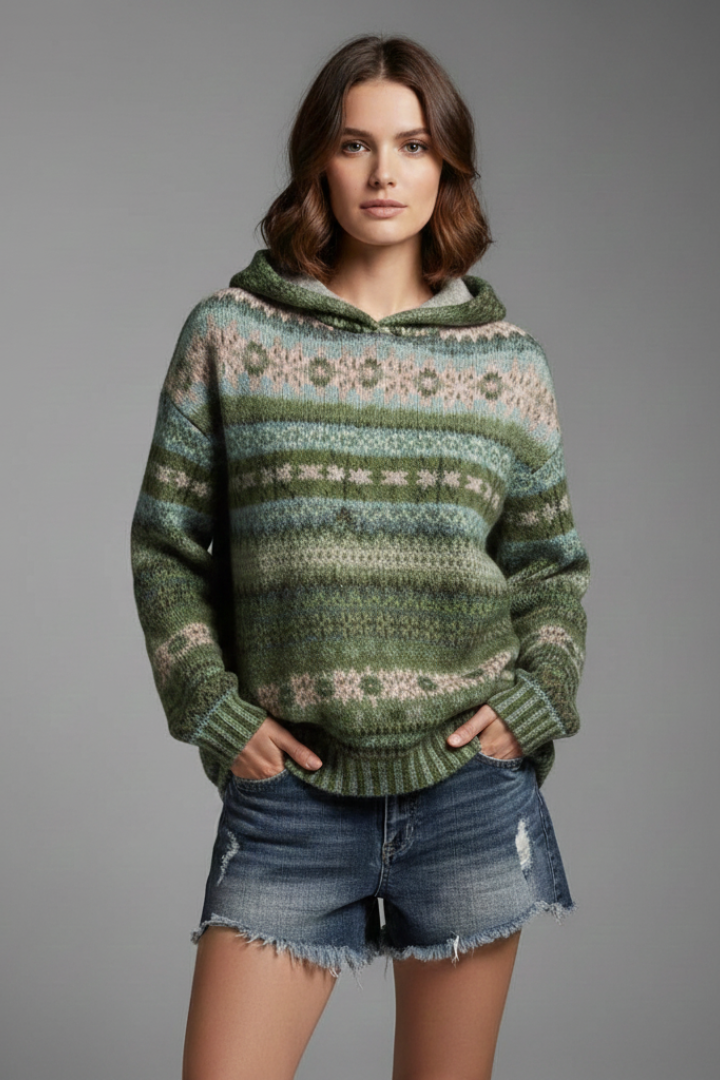 Comfortable women's patterned pullover hoodie with an adjustable hood, great for lounging or casual outings.