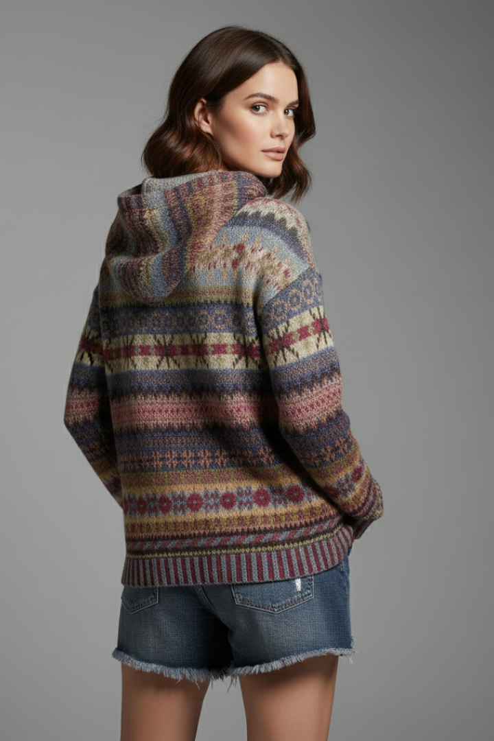 Full body shot of a woman wearing a relaxed fit patterned hoodie, ideal for casual everyday style.