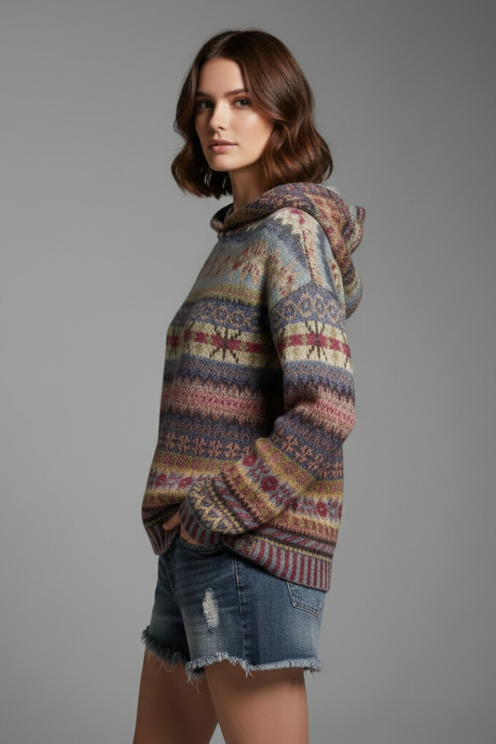 Stylish women's hooded sweatshirt with a unique pattern, ribbed cuffs, a perfect casual top for winter.