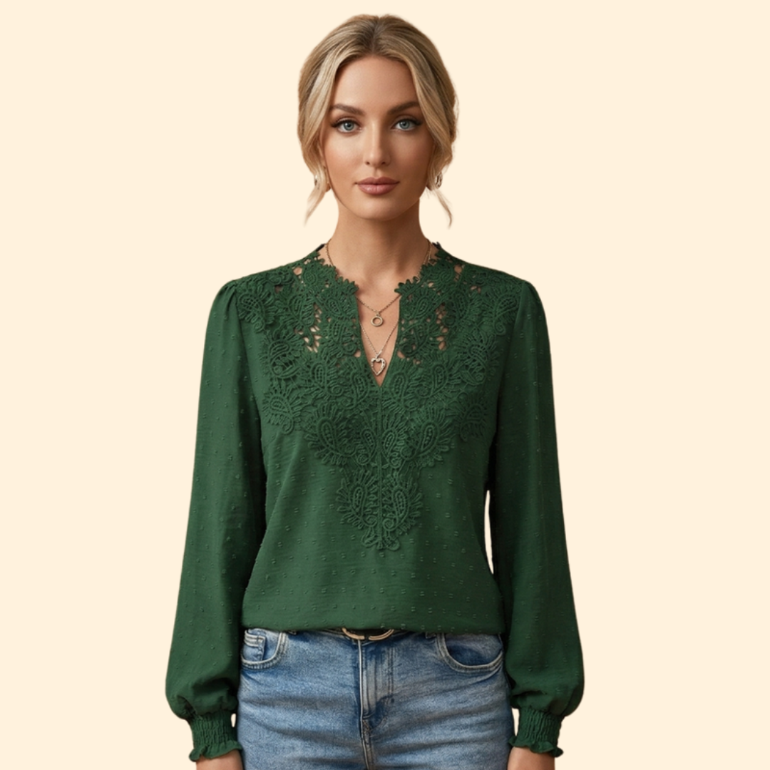 Close-up: Delicate lace and intricate embroidery detail on a stylish, versatile women's blouse.