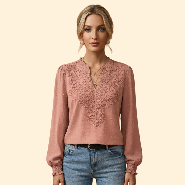 Chic women's lace embroidered blouse, versatile and stylish, perfect for pairing with various bottoms.