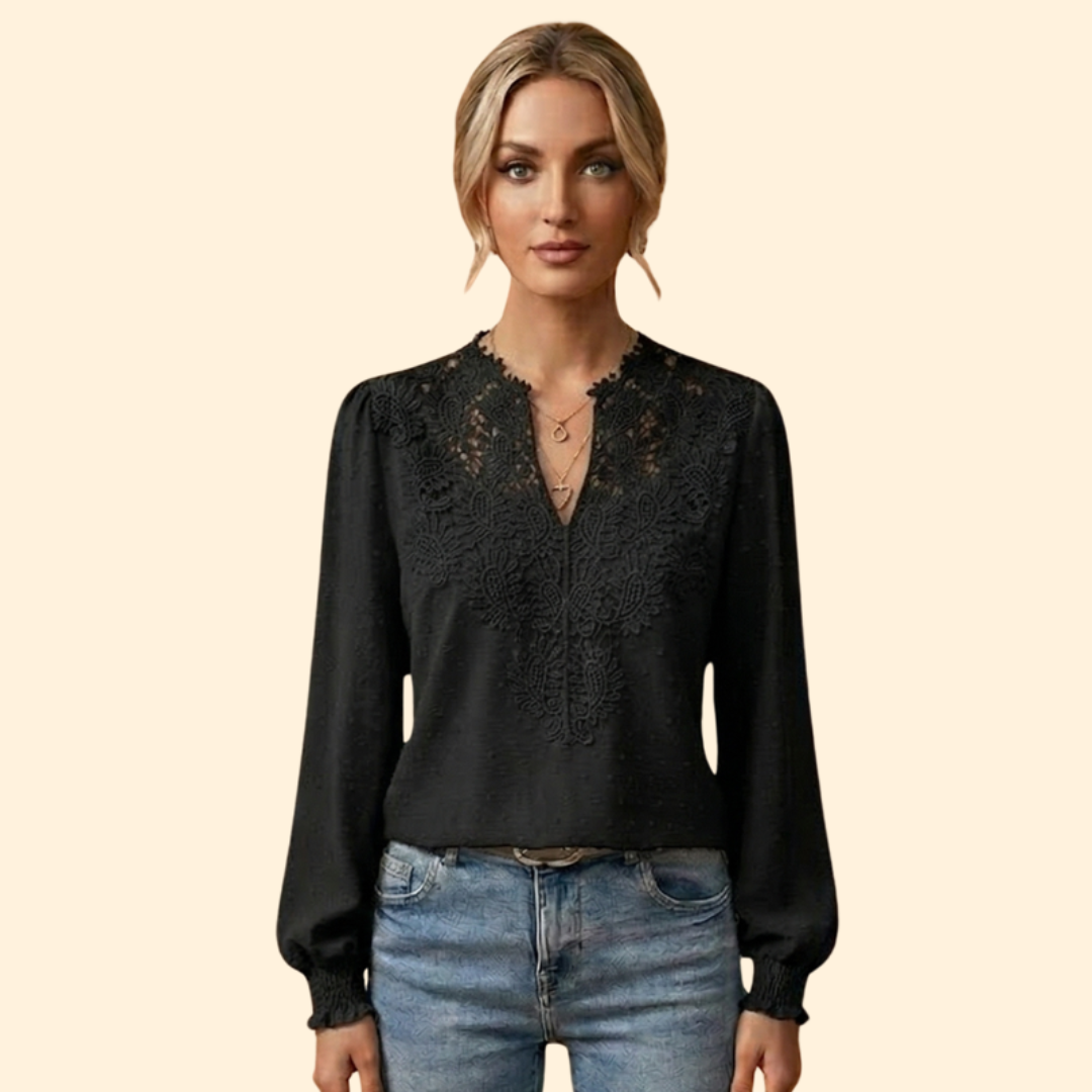 Women's elegant lace blouse, embroidered, versatile and sophisticated top for formal or casual wear.