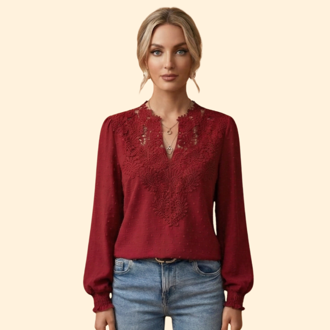 Stylish women's blouse with elegant lace and embroidery, enhancing any outfit for a sophisticated look.