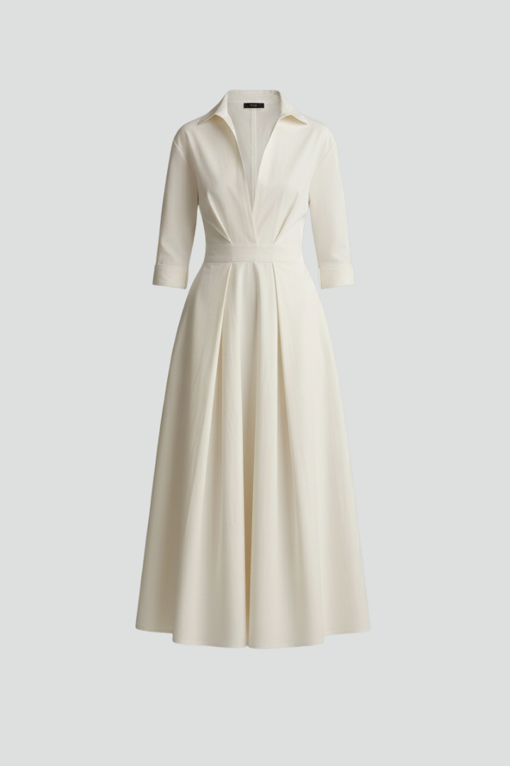Elegant women's collared midi dress with button front, perfect for sophisticated summer daytime or office wear.