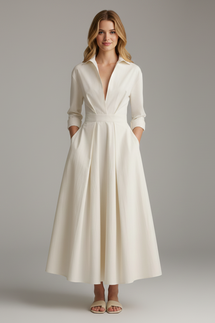 Chic women's summer midi dress, featuring a button front and collar, ideal for elegant casual or office occasions.