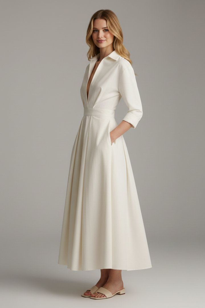 Full view of a women's elegant button-front collared midi dress, designed for versatile summer office & daytime style.