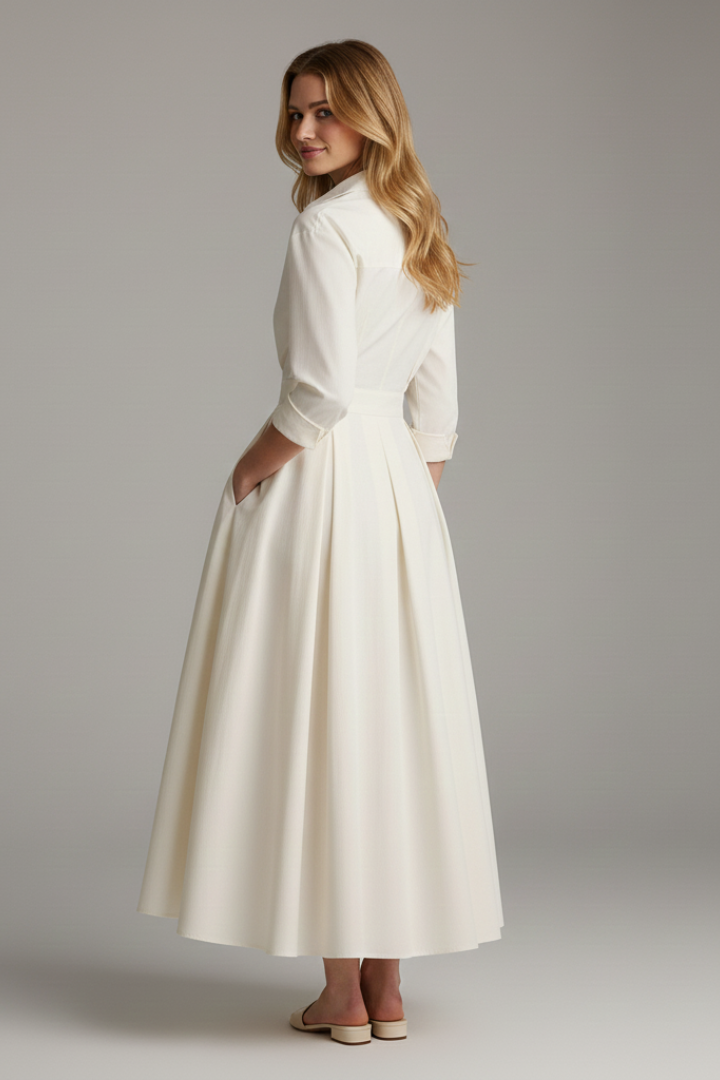 Close-up of a women's button-front collared midi dress, showcasing versatile fabric for chic summer and office outfits.