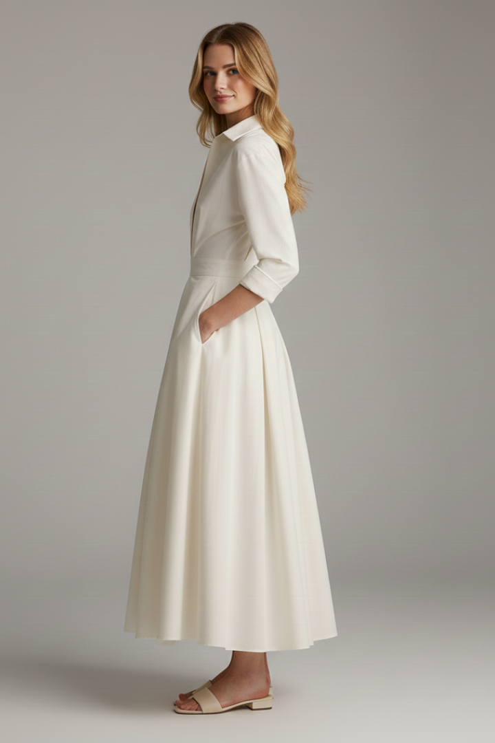 Comfortable & elegant women's collared midi dress with full button front, perfect for sophisticated summer wear.