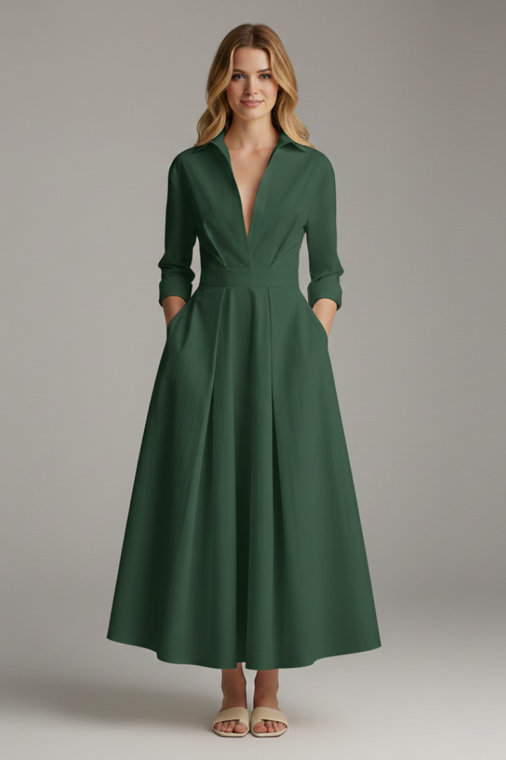 Stylish women's summer midi dress, featuring a flattering silhouette with button front and elegant collar detail.