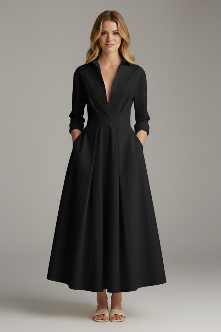 Modern women's button-front collared midi dress, offering a sophisticated look for summer office and professional settings.