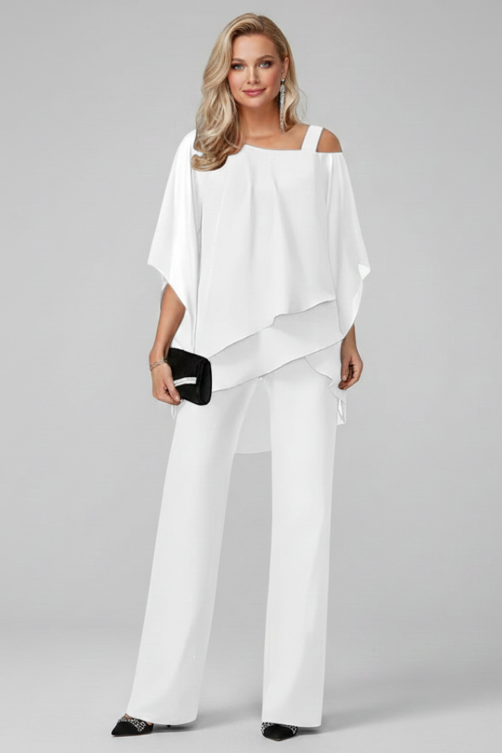 Chic off-shoulder wide-leg jumpsuit for women. Stunning party outfit, elegant evening wear option.