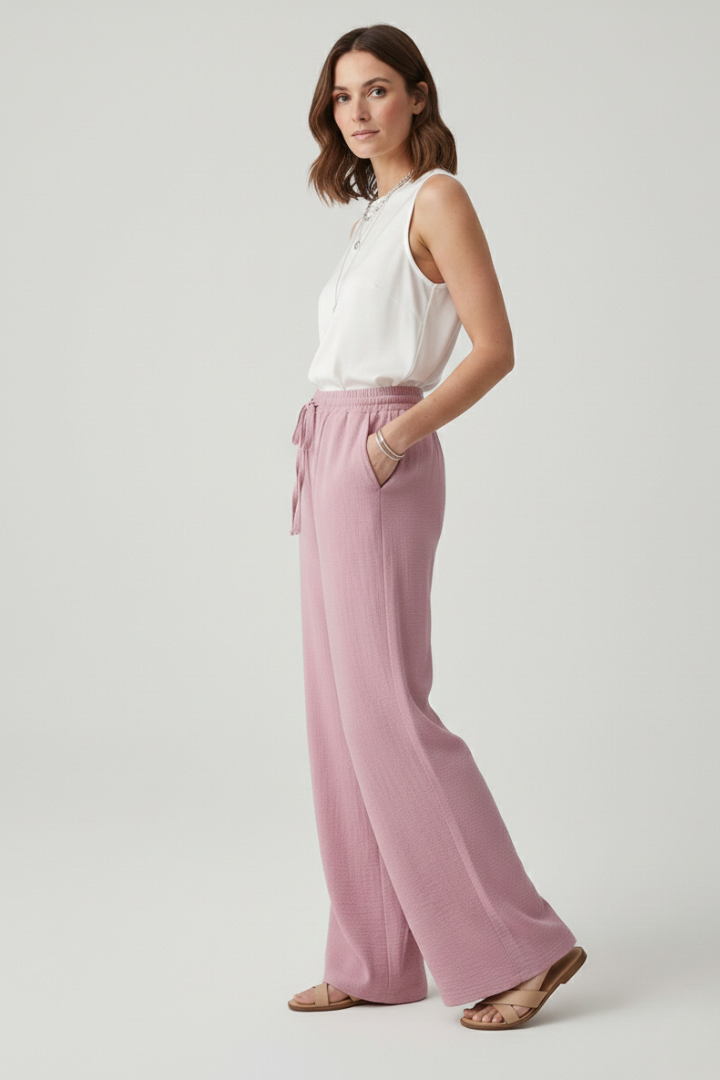 Relaxed fit women's palazzo pants, ideal for casual wear, with an adjustable drawstring waist.