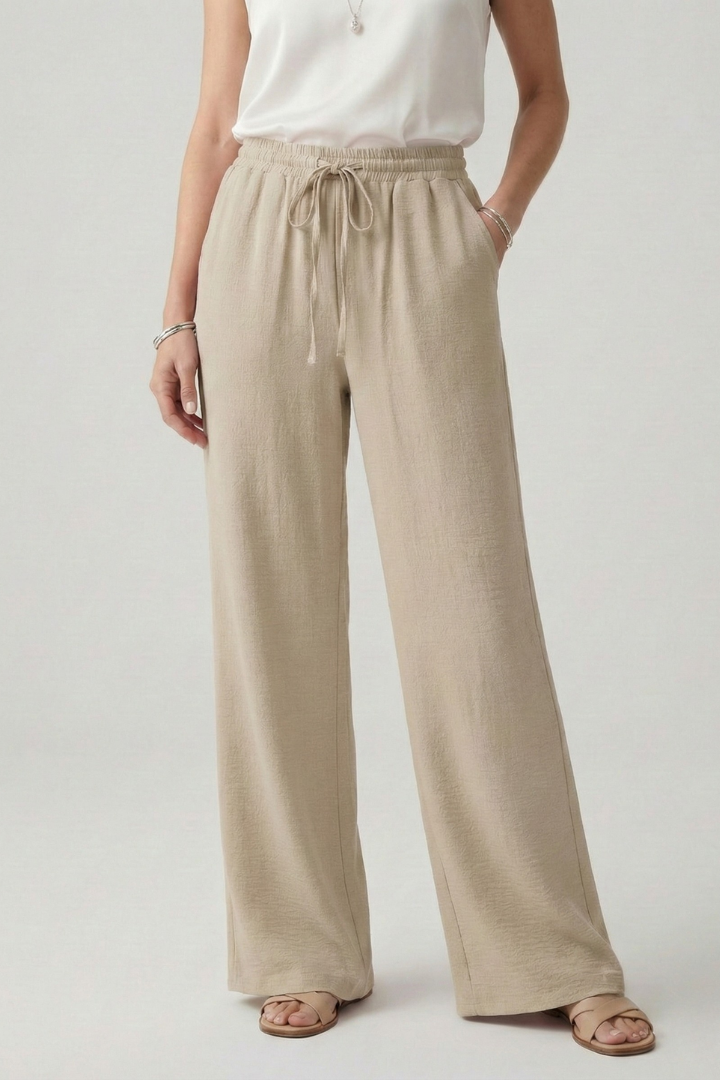 Stylish women's drawstring palazzo pants, perfect for casual summer wear with a relaxed wide leg.