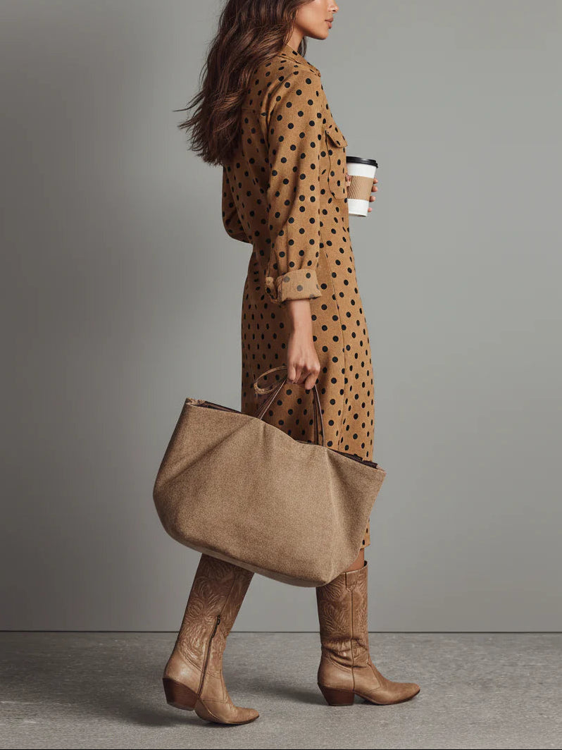 Versatile women's polka dot long sleeve midi dress. Elegant and chic for various occasions, from day to night.