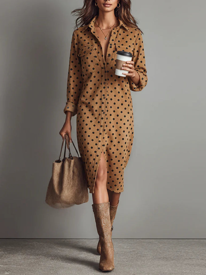 Elegant women's polka dot midi dress with long sleeves. Chic, versatile day-to-night fashion for any occasion.
