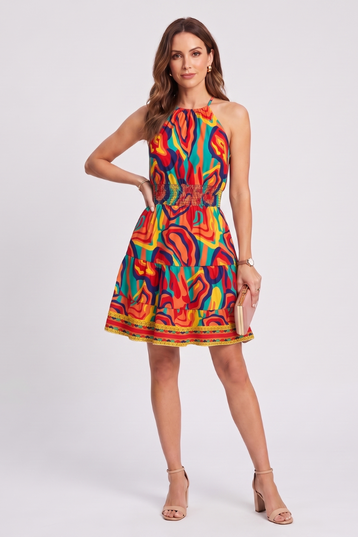 Vibrant printed women's short romper, features a chic wrap neckline, ideal for casual summer outings.