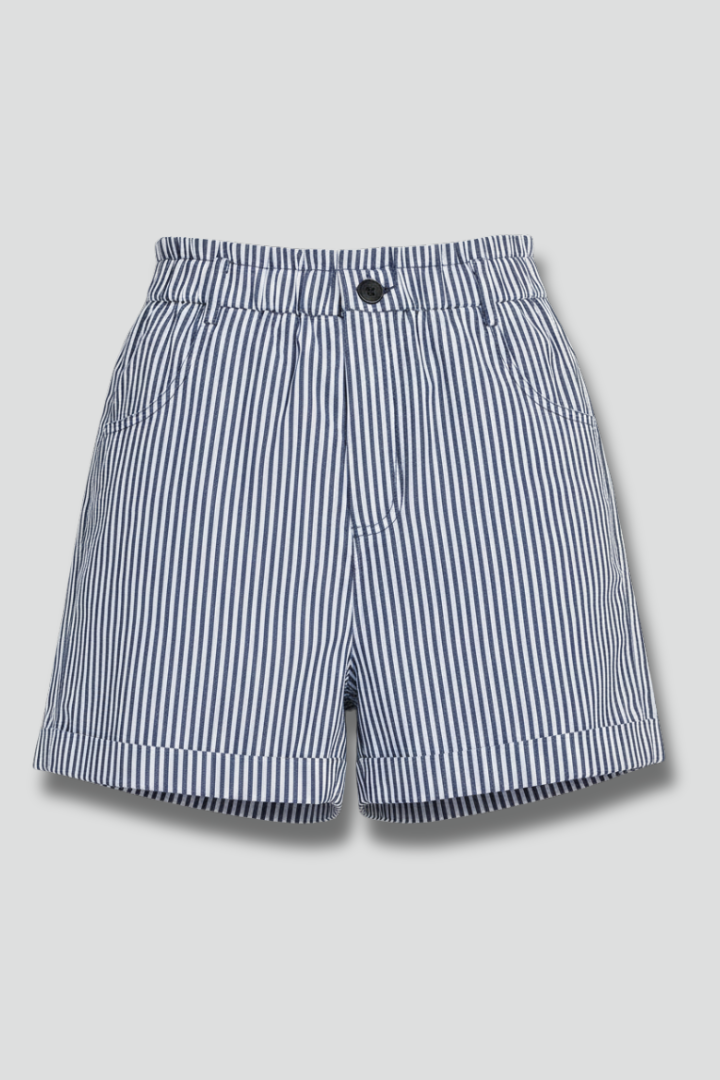 Women's high waist tailored shorts with blue & white stripes, perfect for chic summer style.