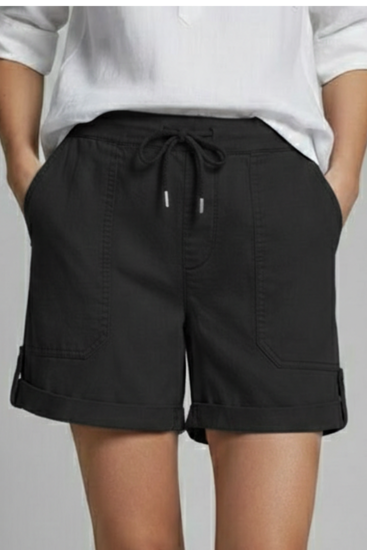 Back view of women's comfy relaxed fit shorts with drawstring, showcasing everyday warm weather style.