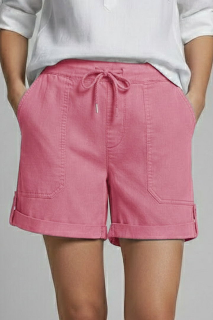 Side view of women's casual pocket shorts, highlighting the drawstring detail and summer-ready fashion.