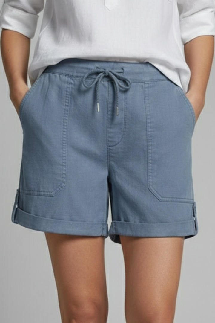 Ladies' stylish drawstring shorts with functional pockets, great for casual summer fashion & beachwear.