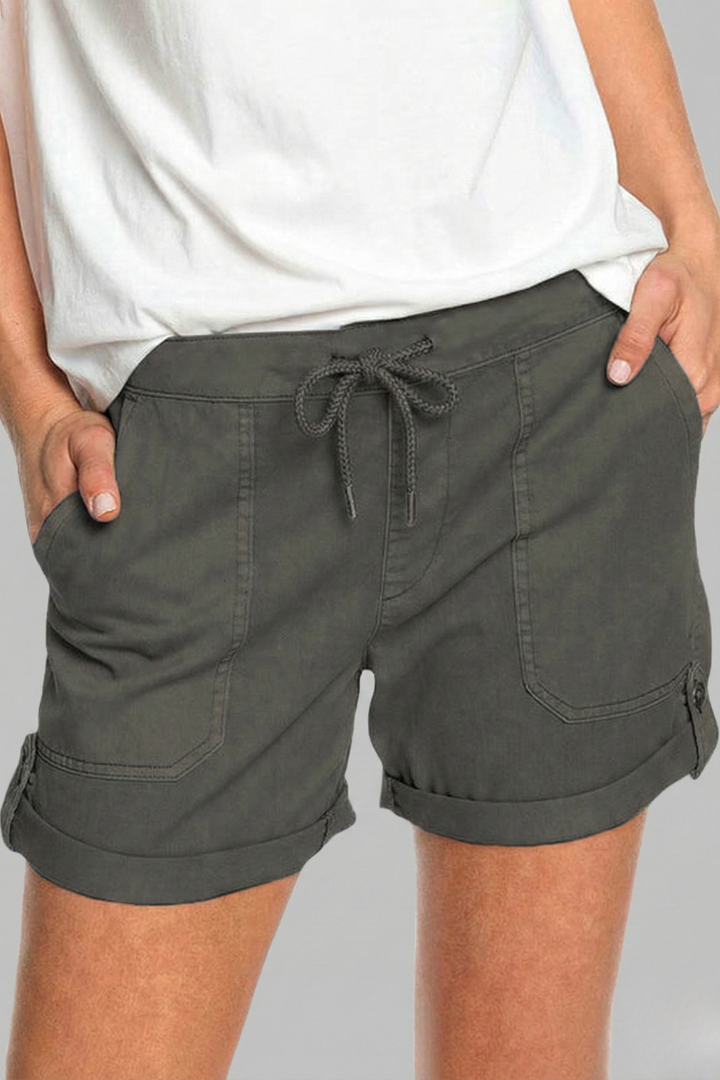 Detail of practical side pockets on women's summer drawstring shorts, perfect for everyday essentials.