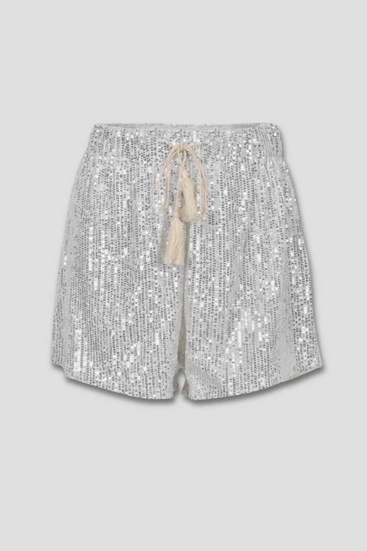 Sparkling women's sequin shorts with comfortable drawstring waist, ideal for party wear & summer style.