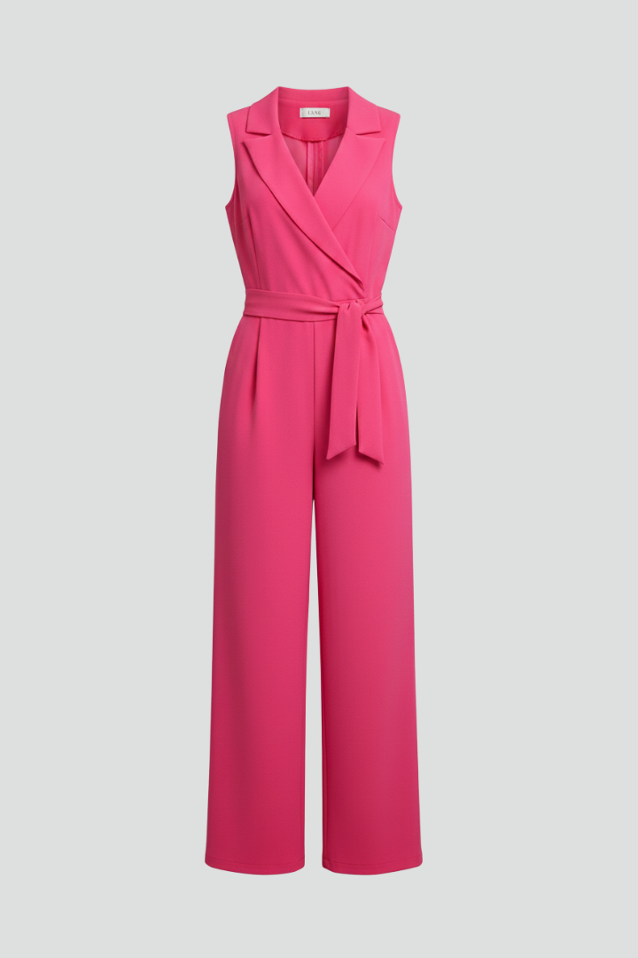 Women's V-neck sleeveless tie-waist wide-leg jumpsuit, perfect for chic summer casual wear.