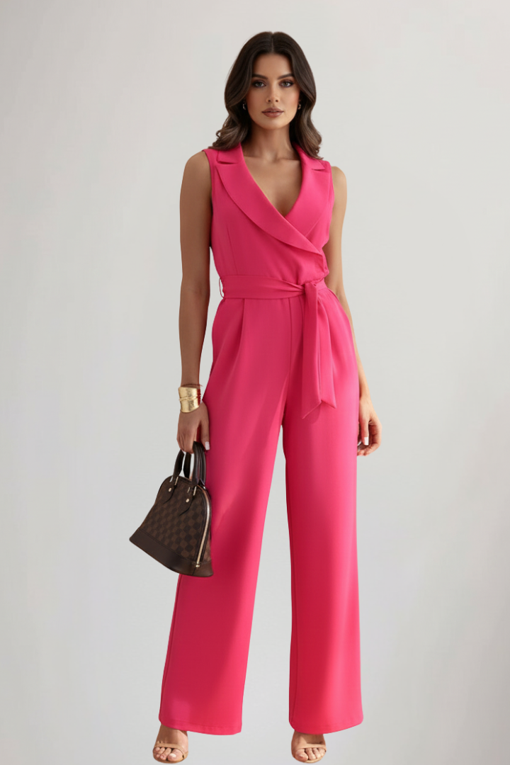 Elegant women's V-neck sleeveless jumpsuit with a flattering tie-waist, ideal for modern fashion.