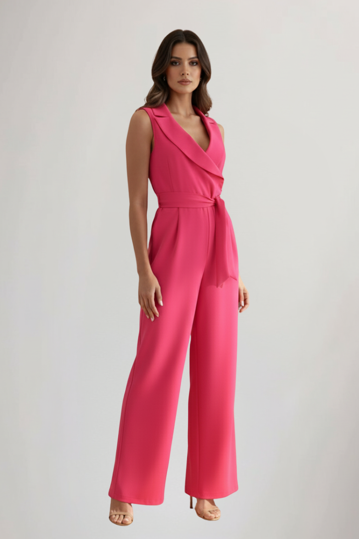 Stylish wide-leg V-neck sleeveless jumpsuit for women. Features a chic tie-waist, great for summer outfits.