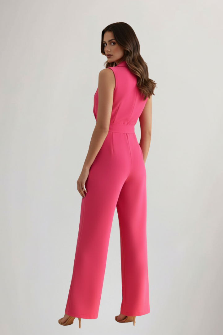 Casual women's V-neck sleeveless jumpsuit with tie-waist detail. Comfortable wide-leg design for summer fashion.