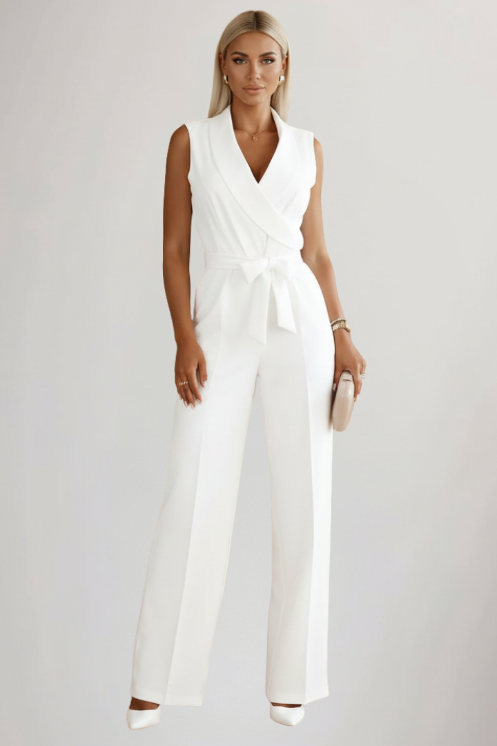 Women's elegant sleeveless V-neck jumpsuit. Features a flattering tie-waist and comfortable wide-leg silhouette.