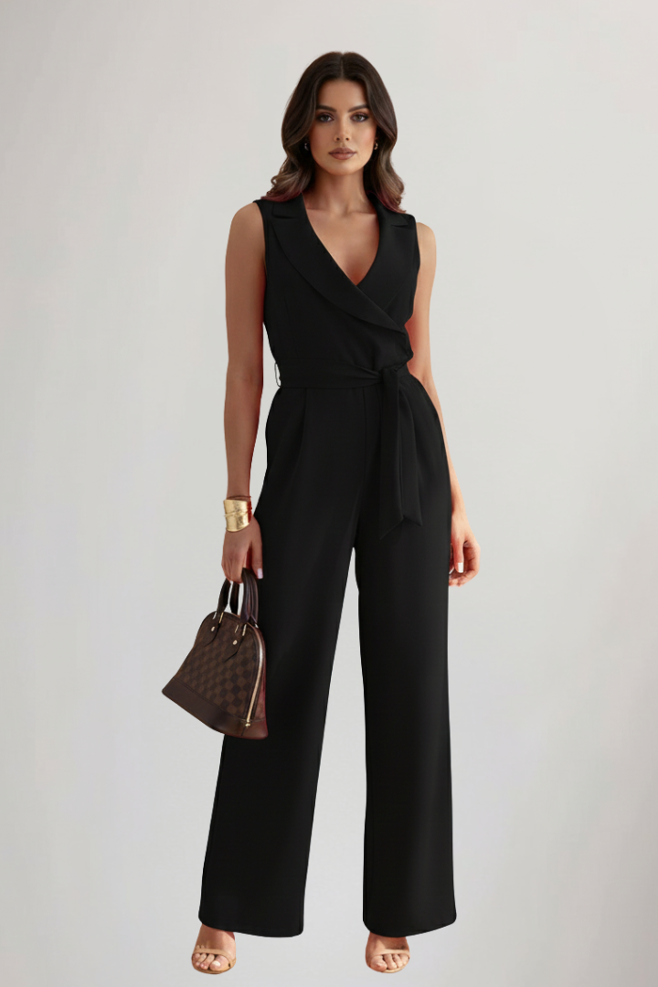 Trendy women's V-neck sleeveless wide-leg jumpsuit with an adjustable tie-waist for a custom fit.