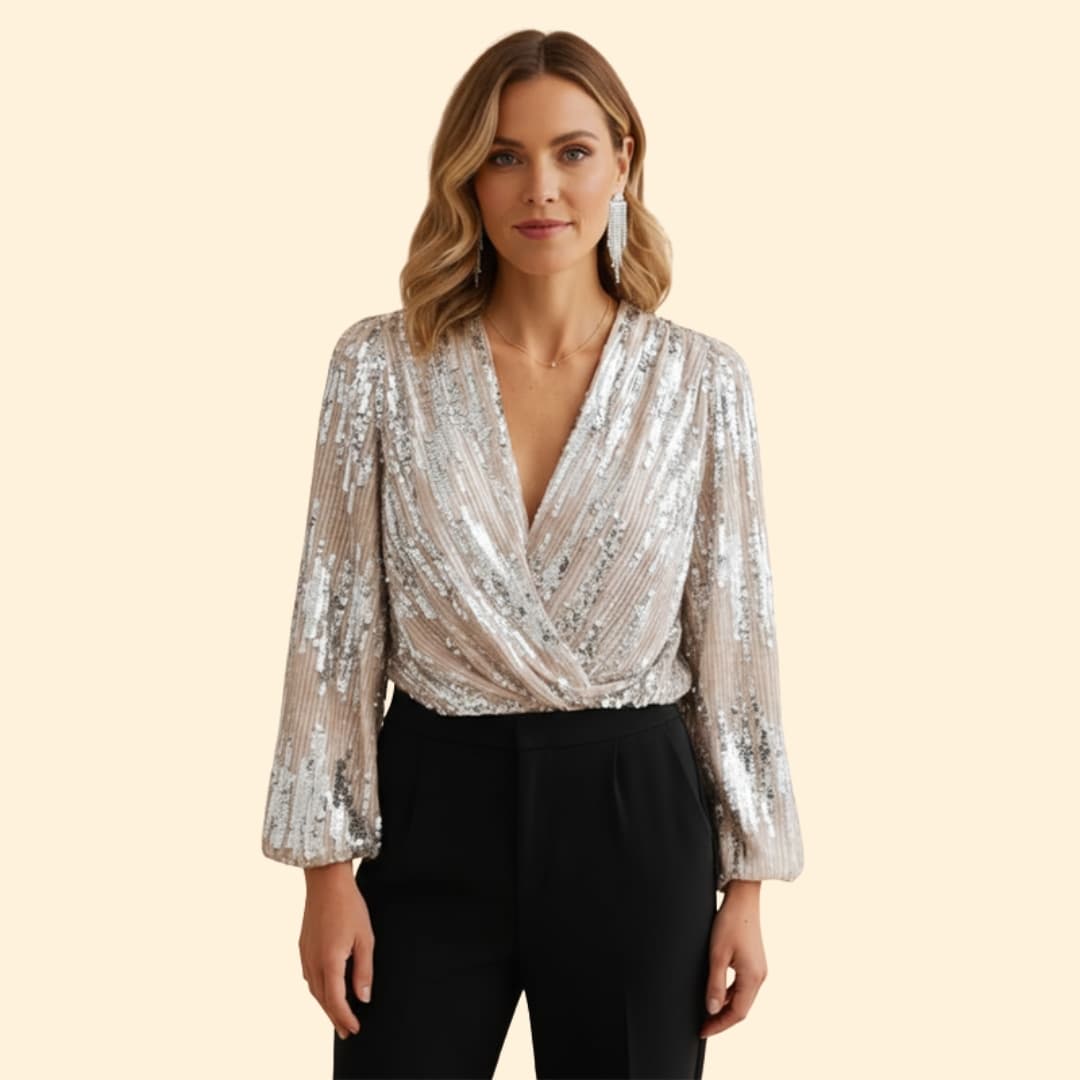 Sparkling women's sequin wrap top, ideal for glamorous evening events. Features a v-neck and long sleeves.