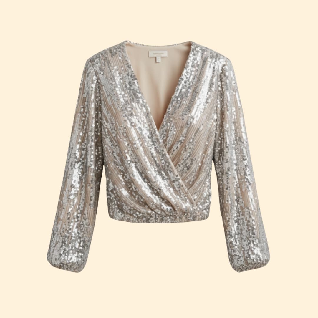 Glamorous gold sequin wrap blouse for women, perfect for evening wear & parties. Long sleeve, v-neck design.