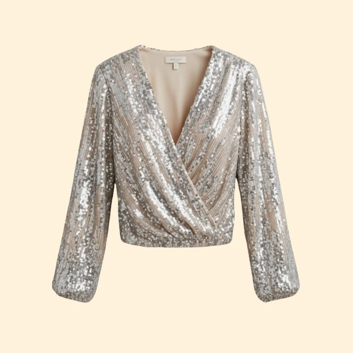 Glamorous gold sequin wrap blouse for women, perfect for evening wear & parties. Long sleeve, v-neck design.