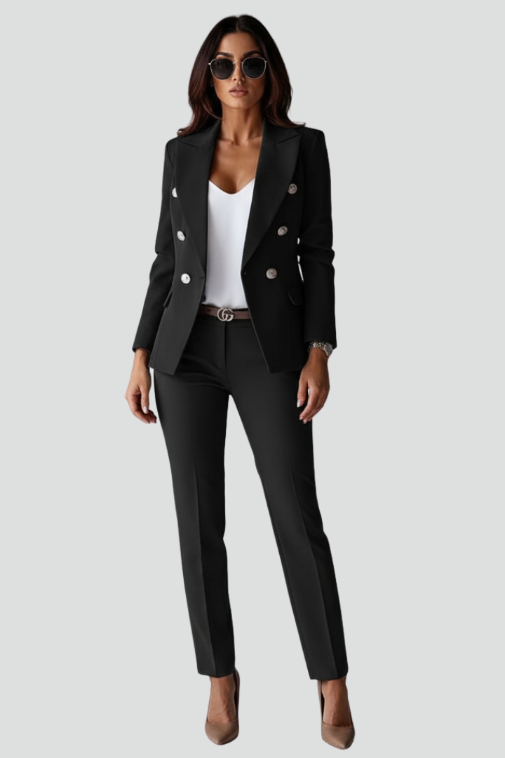 Chic women's tailored blazer, part of a professional two-piece set. Ideal for office wear & formal occasions.
