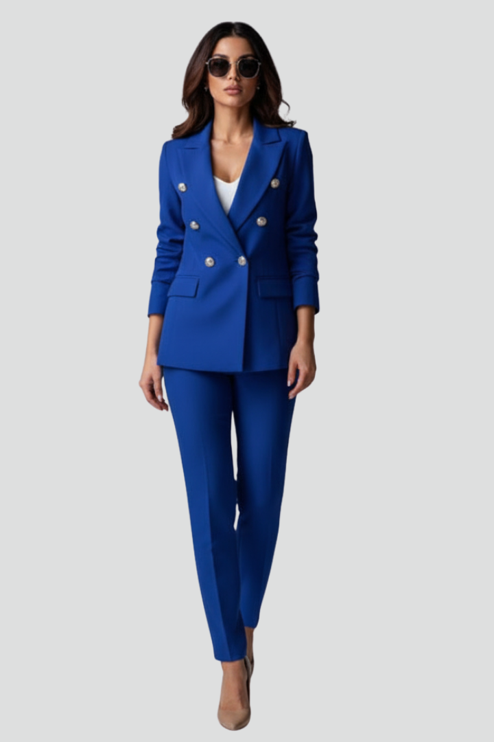 Effortlessly elegant women's tailored blazer & trouser set. Chic professional office wear & formal business attire.