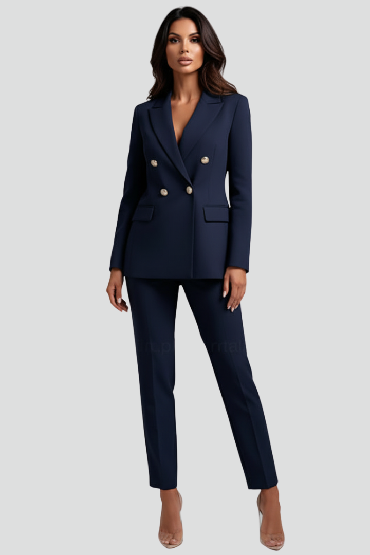 Side view of elegant women's tailored two-piece set. Stylish formal business attire, perfect for the office.