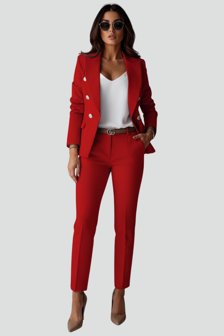 Detailed view of women's tailored blazer. High-quality professional formal wear, part of a chic two-piece set.