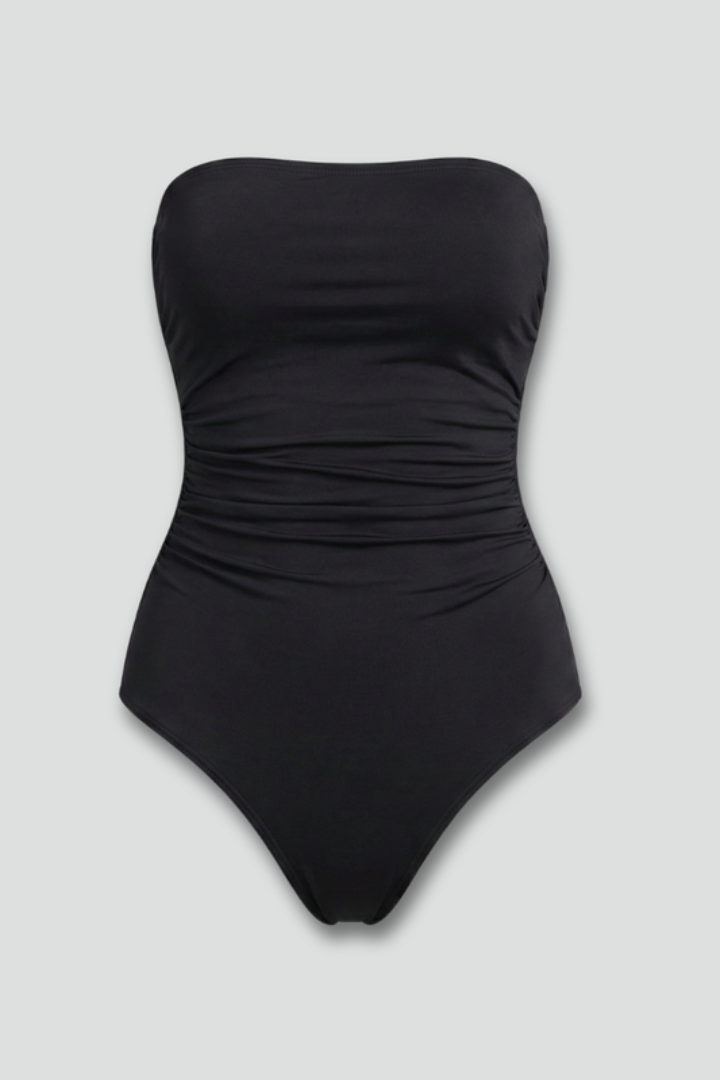 Black strapless ruched one-piece swimsuit for women, elegant beachwear for summer vacation and poolside style.