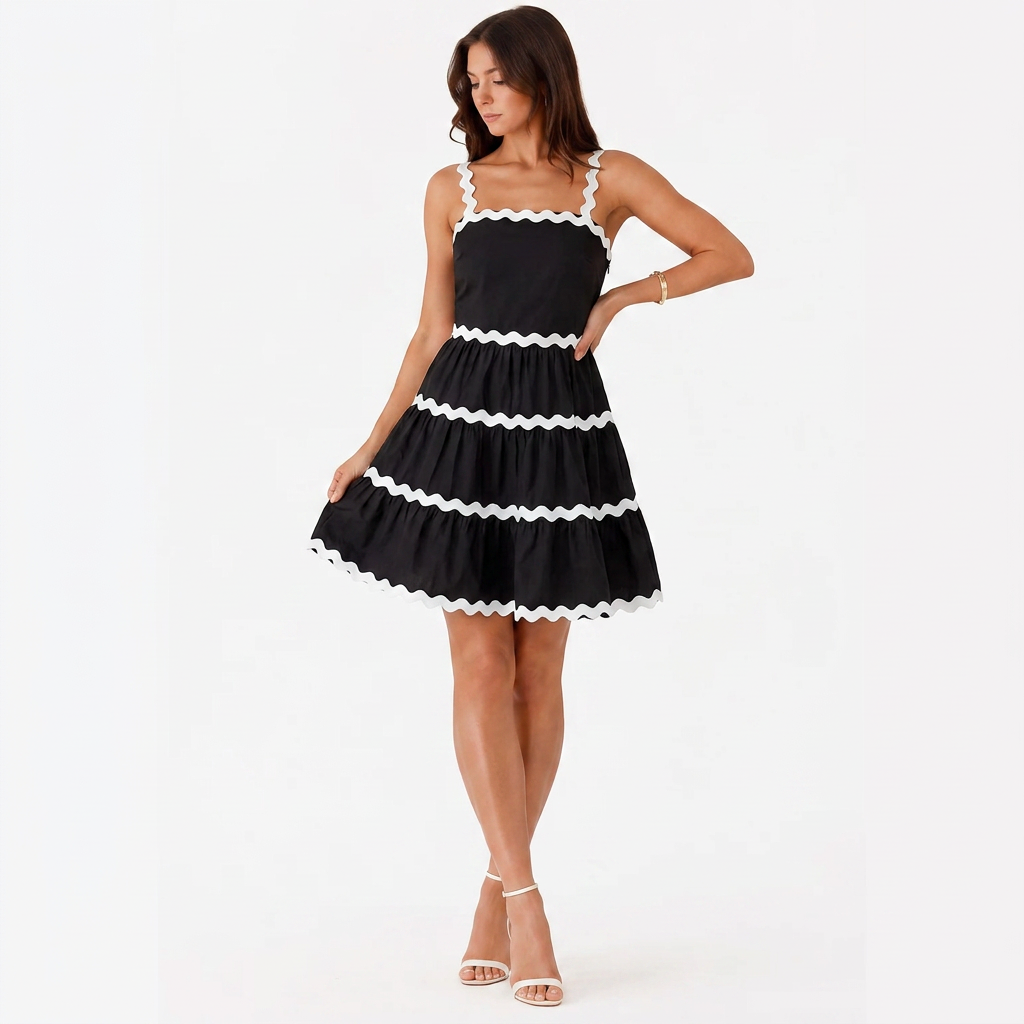 Chic women's one-shoulder tiered mini sundress with playful ruffles, ideal for a stylish summer look.