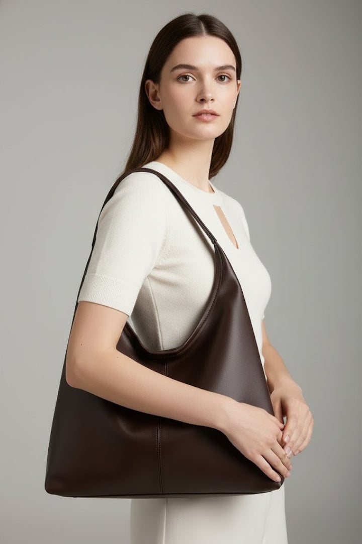 Brown everyday carry tote bag for women, classic faux leather handbag, spacious & chic.