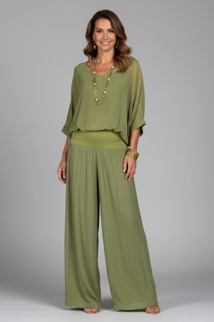Comfortable women's chiffon two-piece wide-leg set, ideal for elegant vacation wear & casual outings.