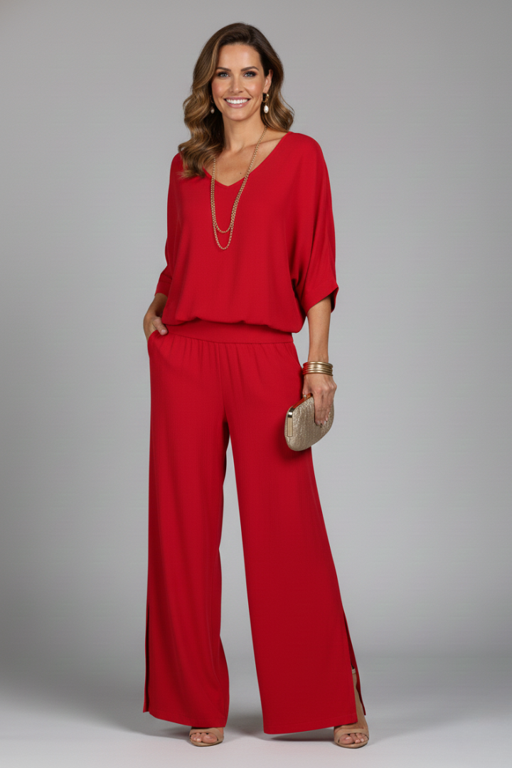 Complete women's matching chiffon two-piece wide-leg set, blending comfort with effortless elegance.